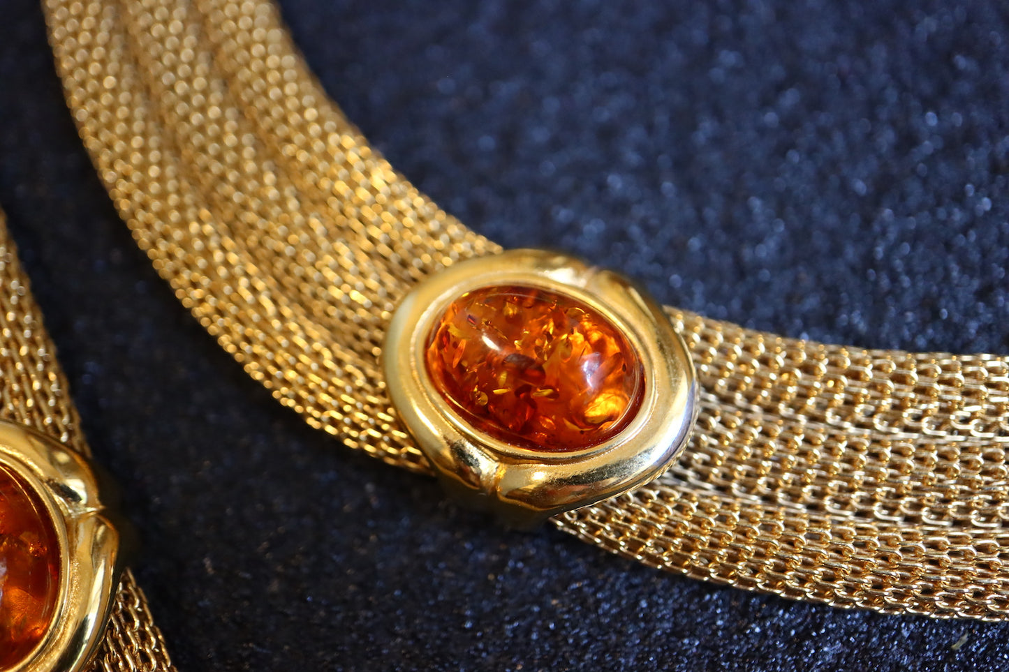 VINTAGE LANVIN Germany Woven Mesh Faux Amber Cabochon Necklace & Bracelet Set