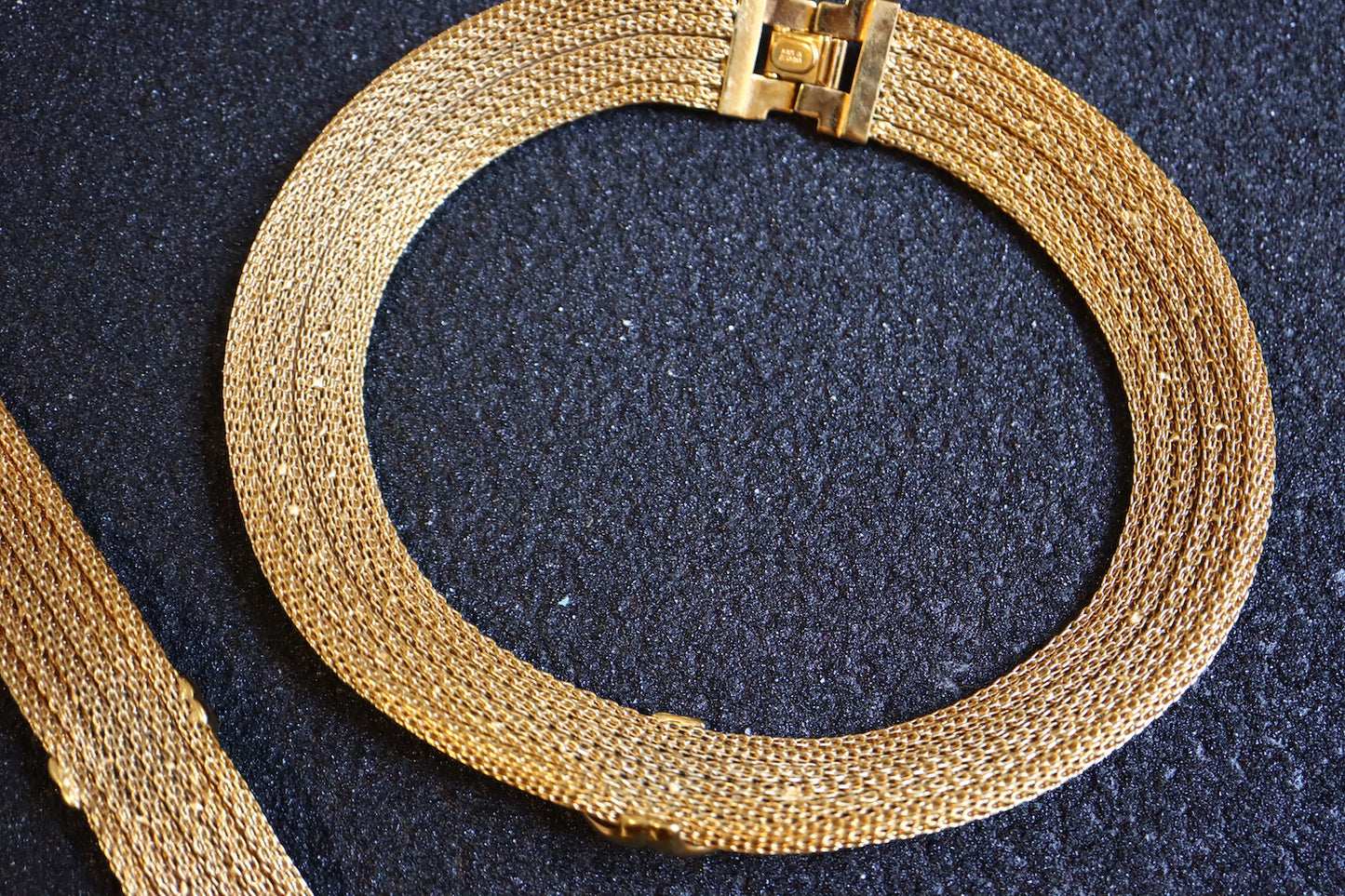 VINTAGE LANVIN Germany Woven Mesh Faux Amber Cabochon Necklace & Bracelet Set