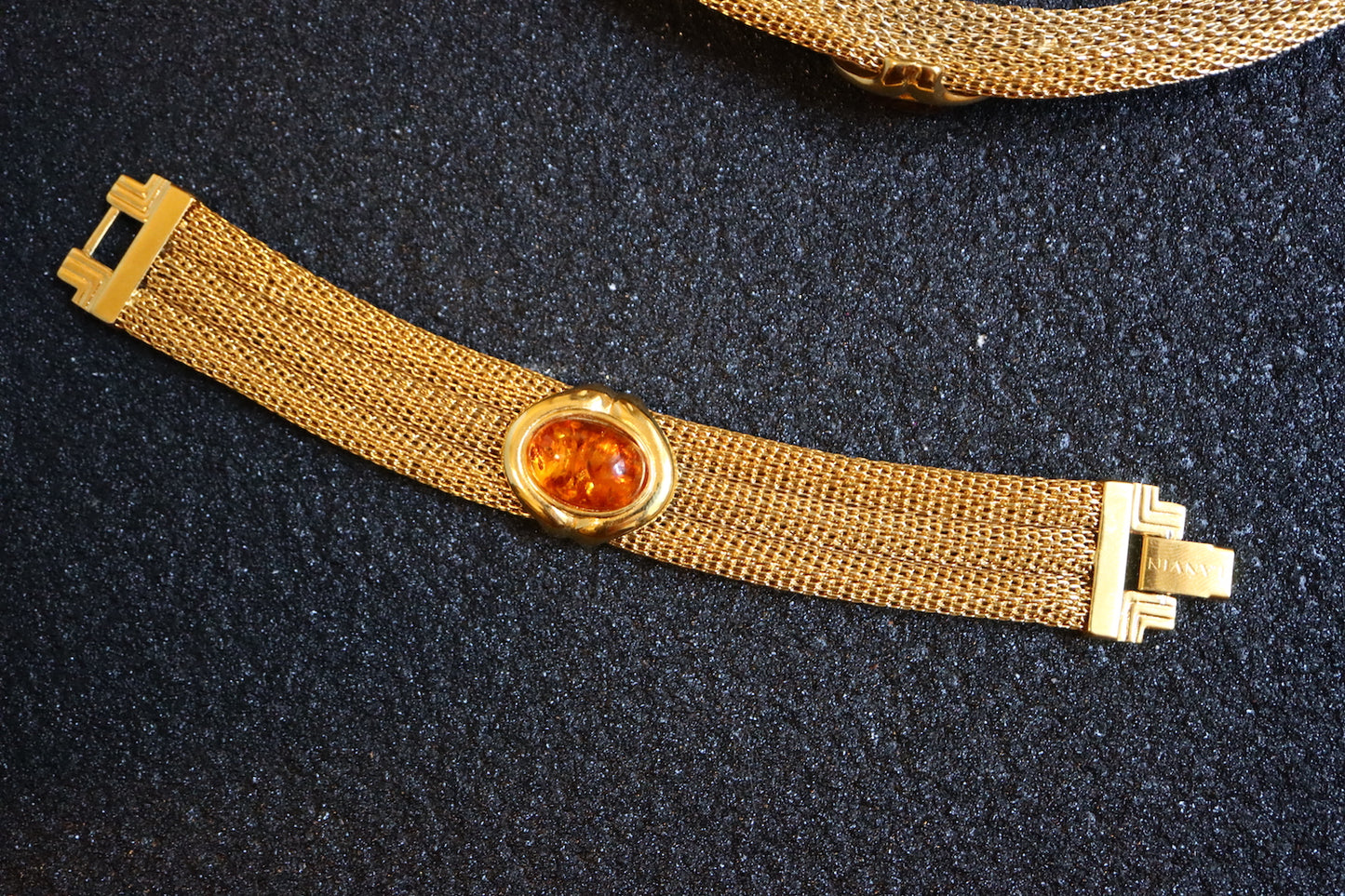 VINTAGE LANVIN Germany Woven Mesh Faux Amber Cabochon Necklace & Bracelet Set
