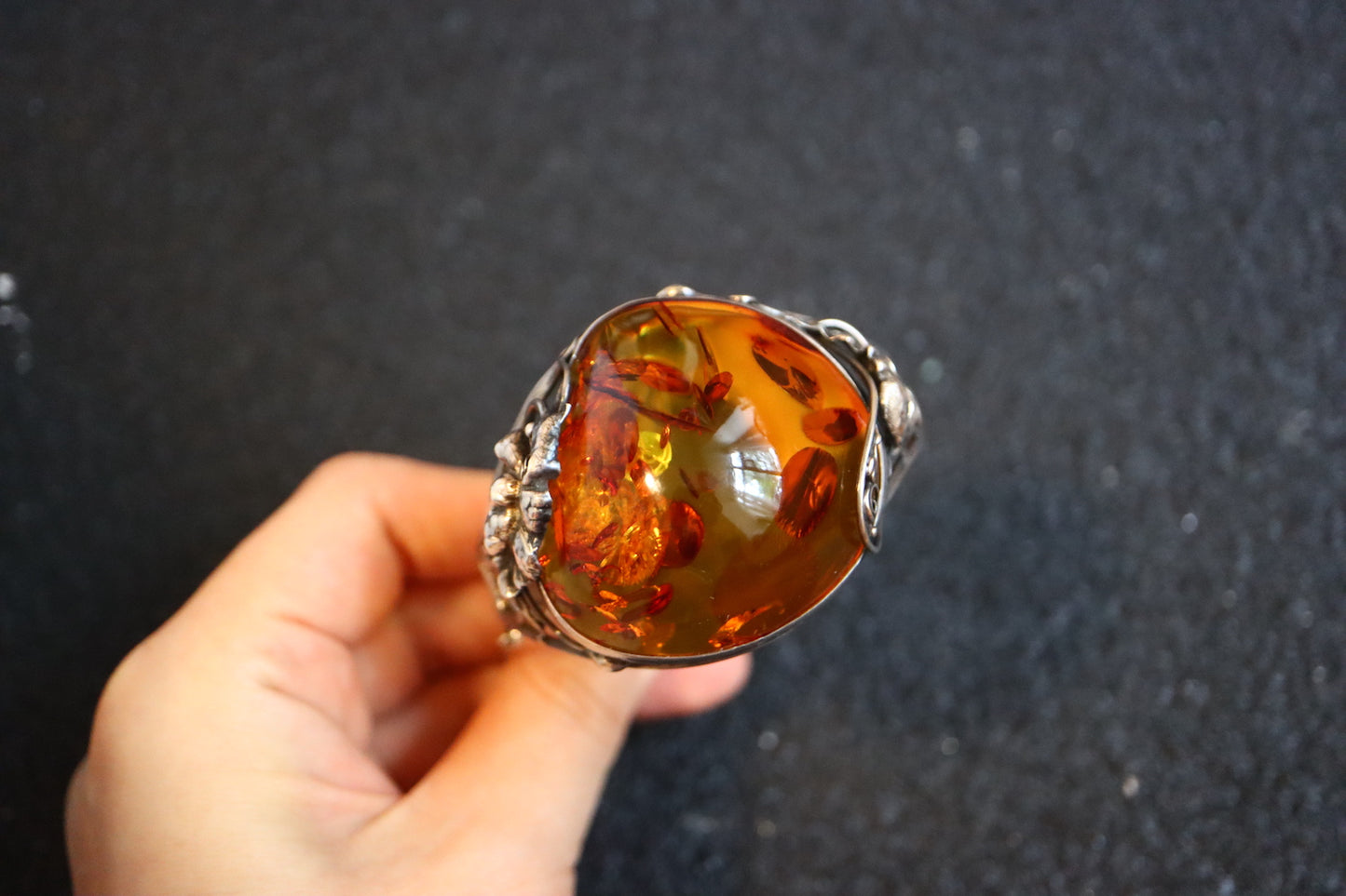 Vintage Art Nouvelle amber silver flower carving cuff bracelet