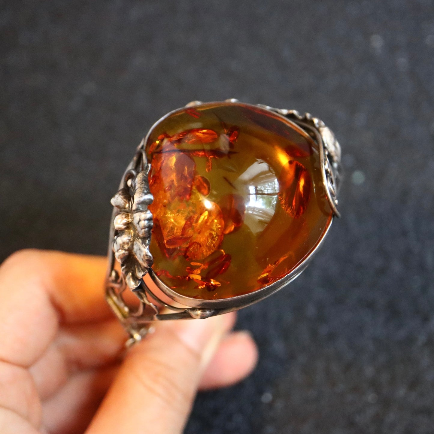 Vintage Art Nouvelle amber silver flower carving cuff bracelet