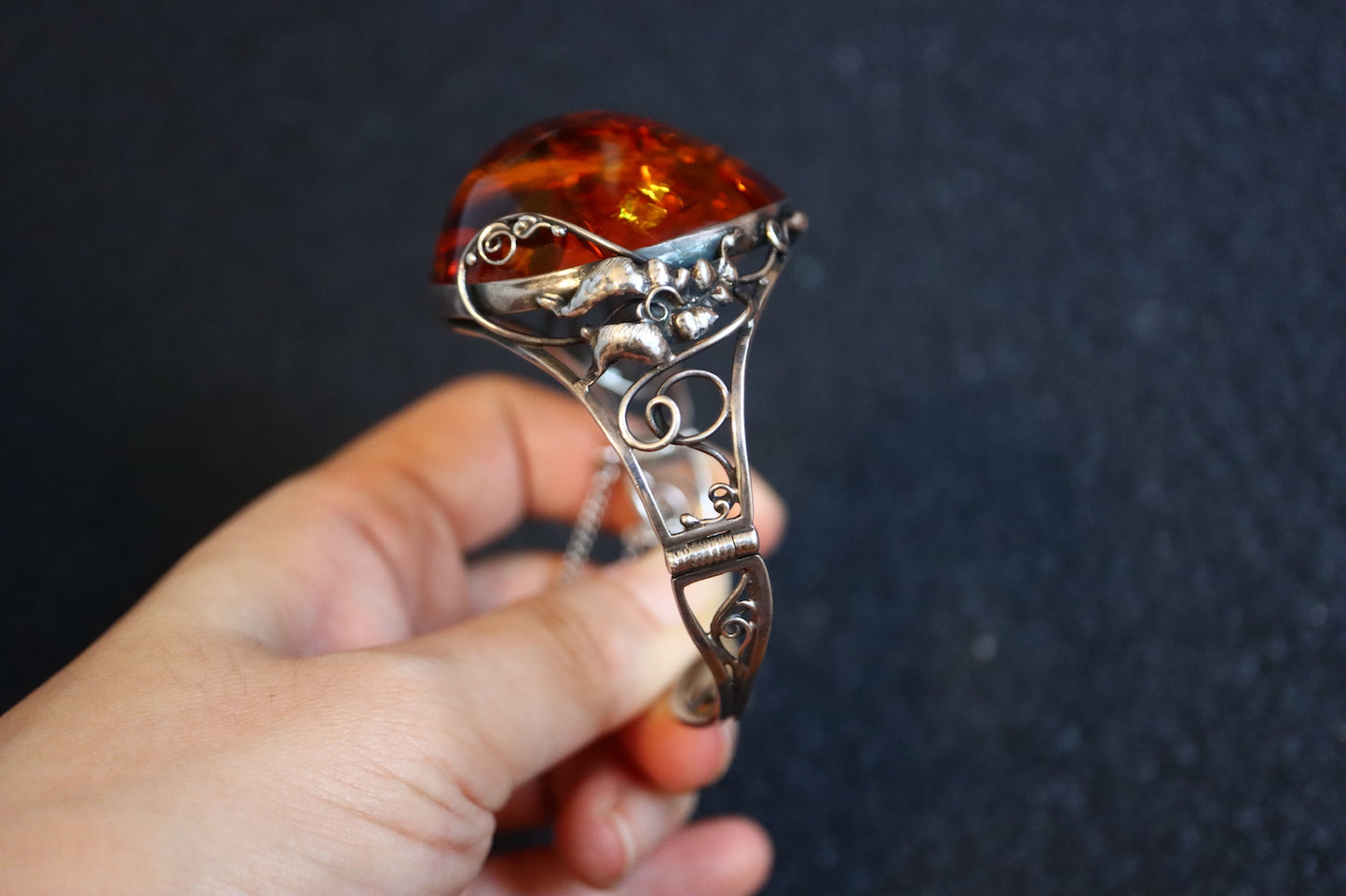 Vintage Art Nouvelle amber silver flower carving cuff bracelet