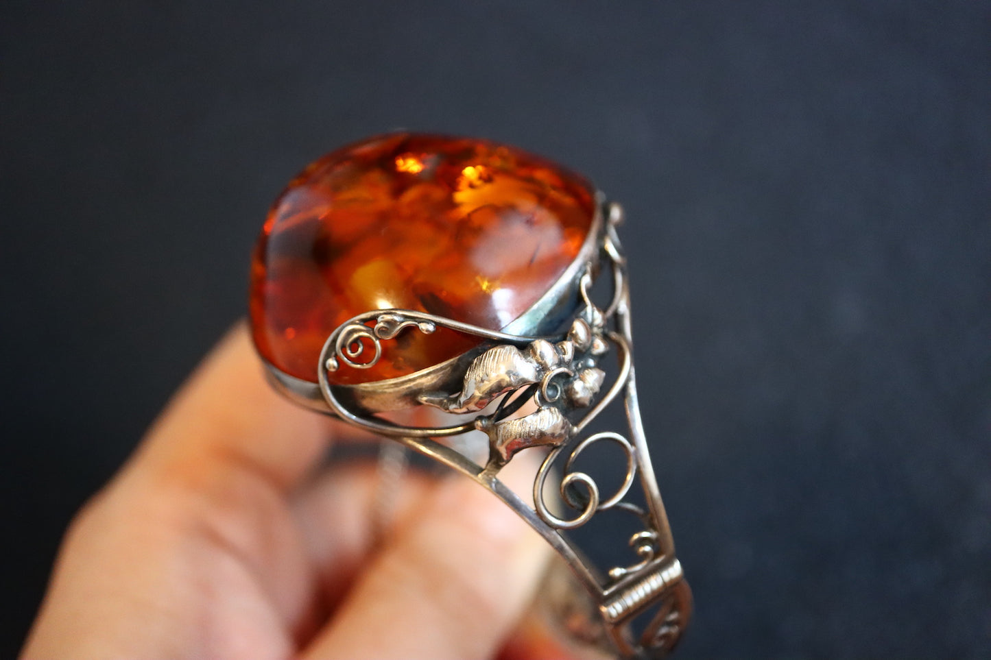 Vintage Art Nouvelle amber silver flower carving cuff bracelet