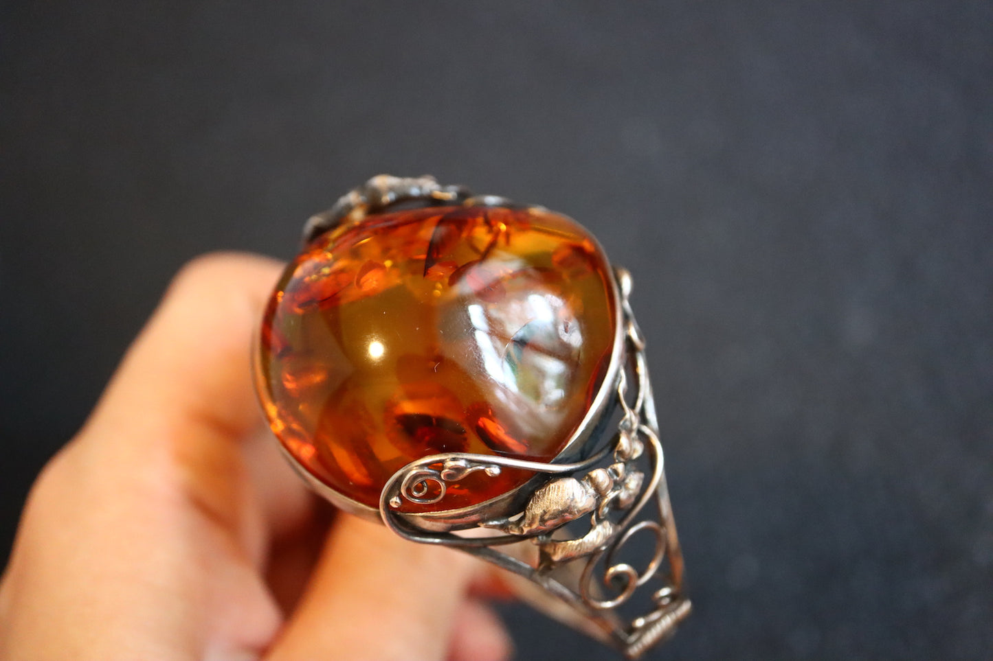 Vintage Art Nouvelle amber silver flower carving cuff bracelet