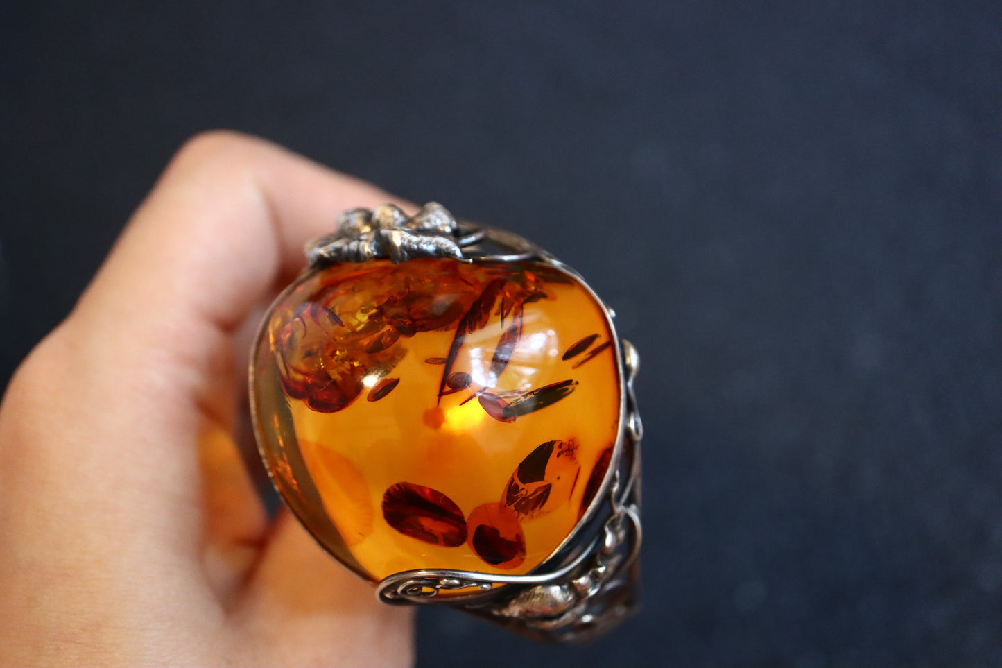 Vintage Art Nouvelle amber silver flower carving cuff bracelet