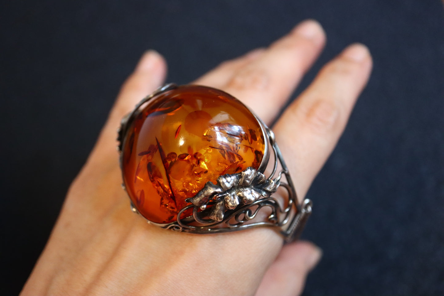 Vintage Art Nouvelle amber silver flower carving cuff bracelet