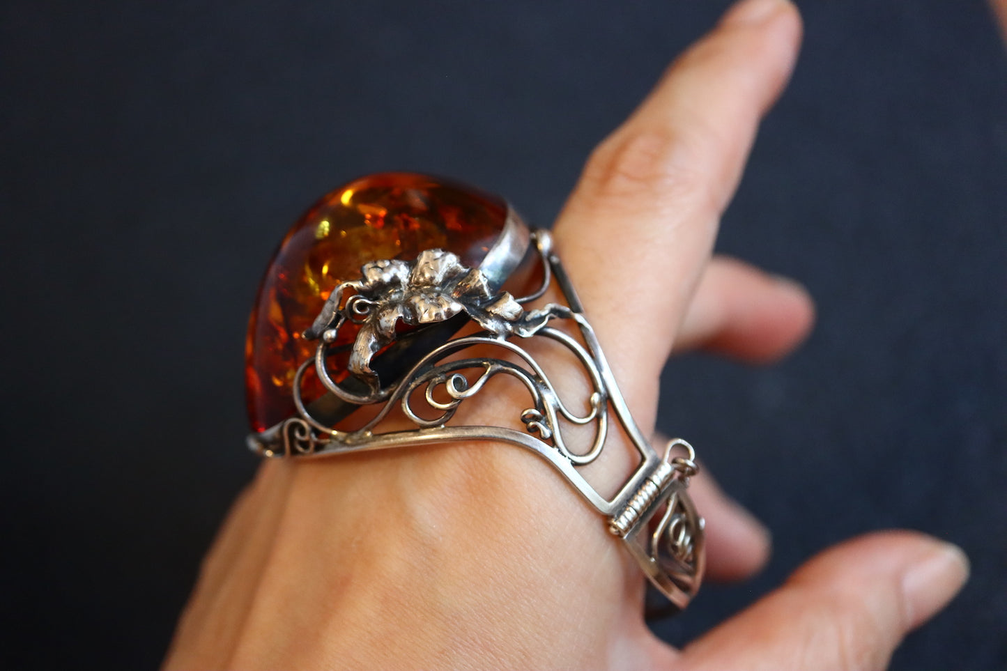 Vintage Art Nouvelle amber silver flower carving cuff bracelet
