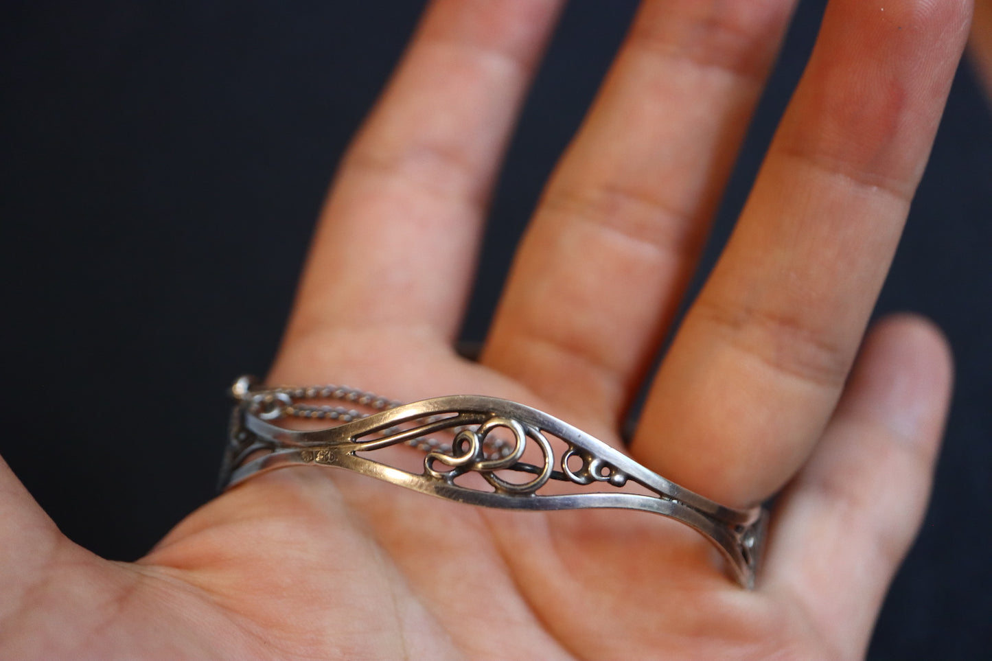 Vintage Art Nouvelle amber silver flower carving cuff bracelet