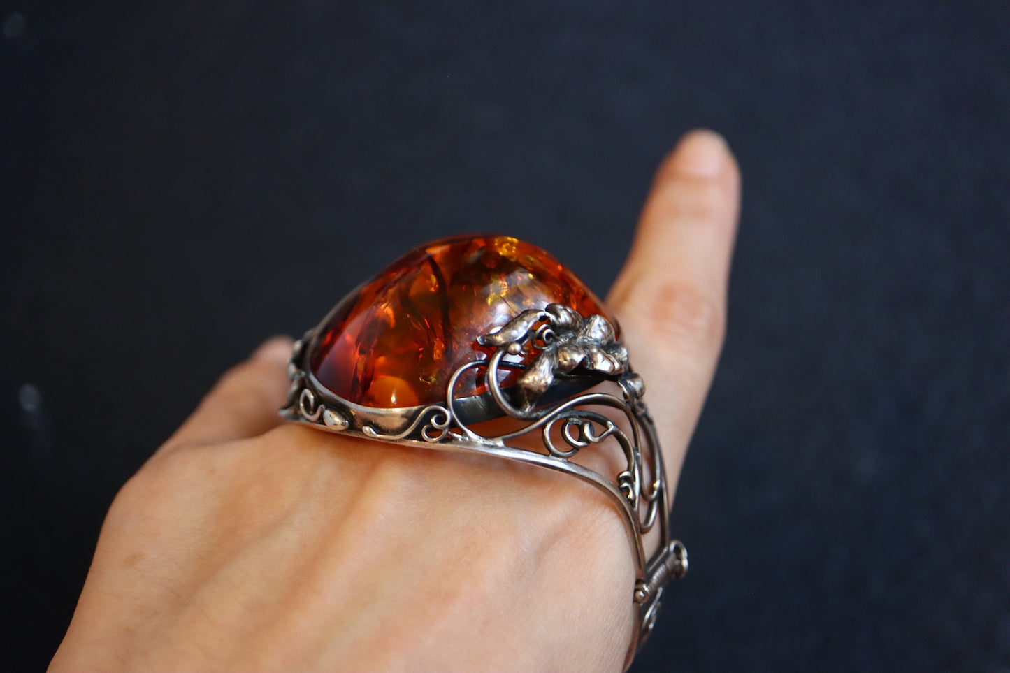 Vintage Art Nouvelle amber silver flower carving cuff bracelet