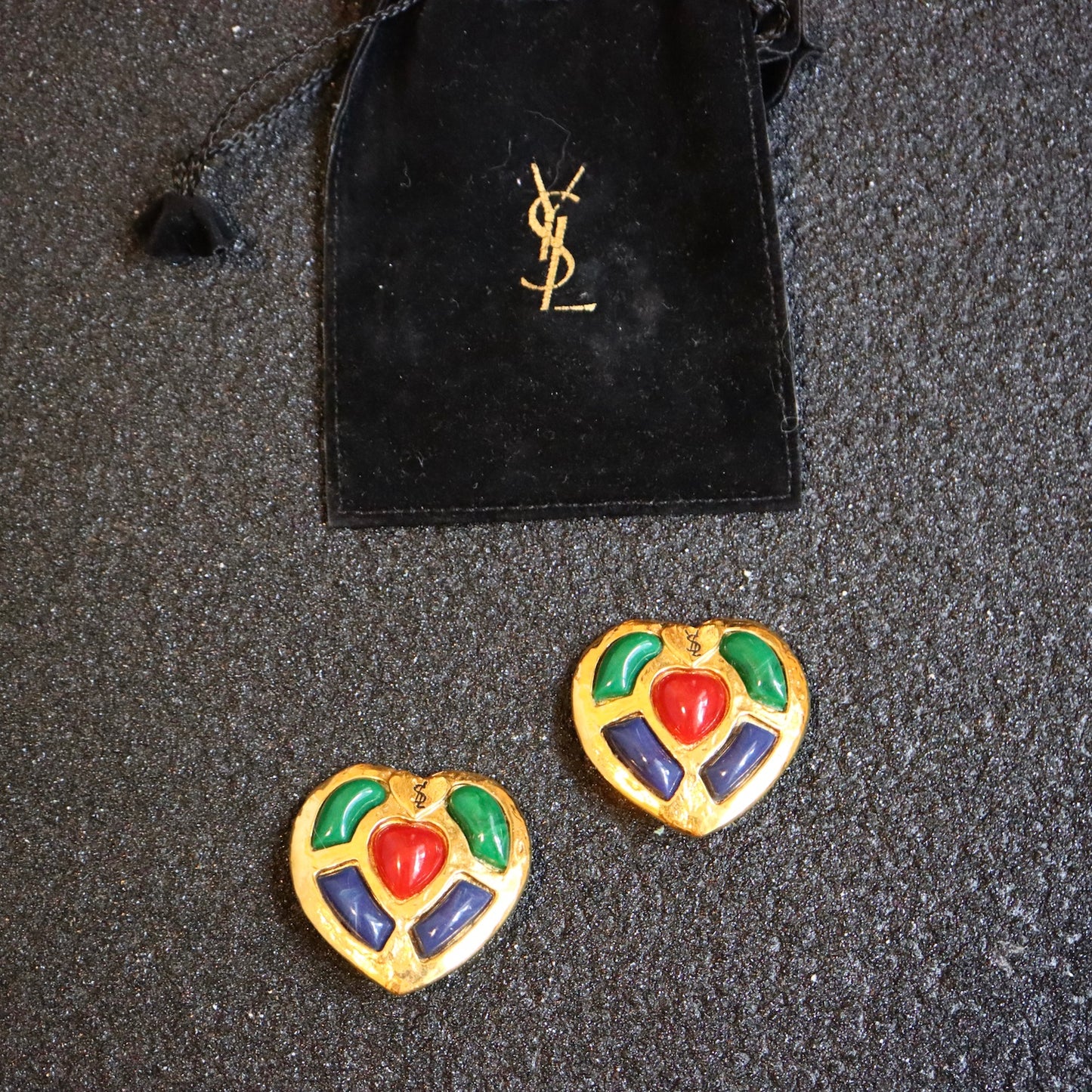 Vintage YSL colourful cabochon heart shape oversize clip-on earrings