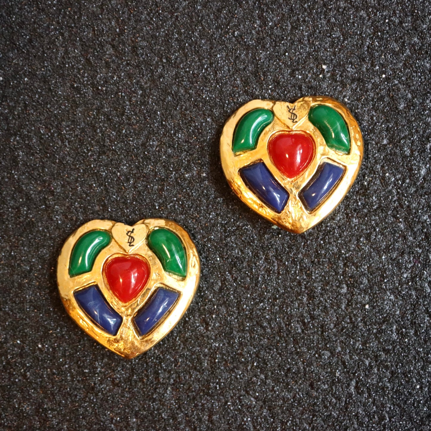 Vintage YSL colourful cabochon heart shape oversize clip-on earrings