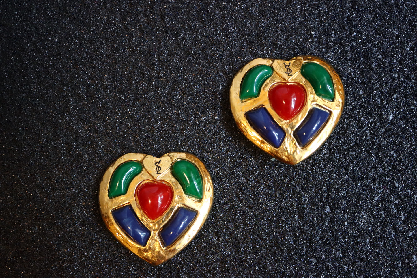 Vintage YSL colourful cabochon heart shape oversize clip-on earrings
