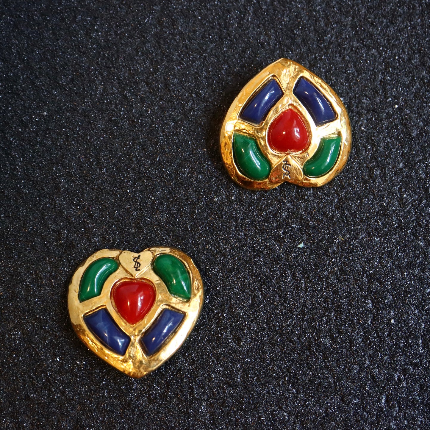 Vintage YSL colourful cabochon heart shape oversize clip-on earrings