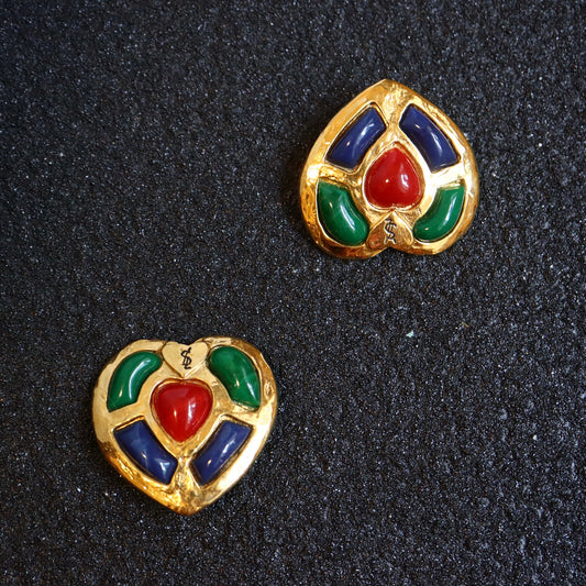 Vintage YSL colourful cabochon heart shape oversize clip-on earrings