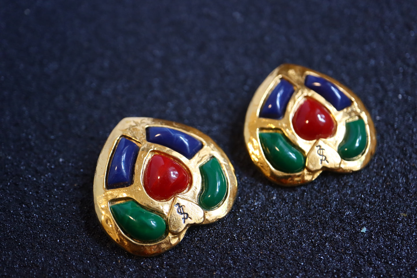 Vintage YSL colourful cabochon heart shape oversize clip-on earrings