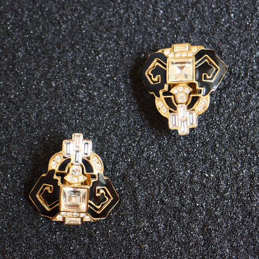 Vintage Givenchy Art Deco rhinestone black and gold clip on earrings