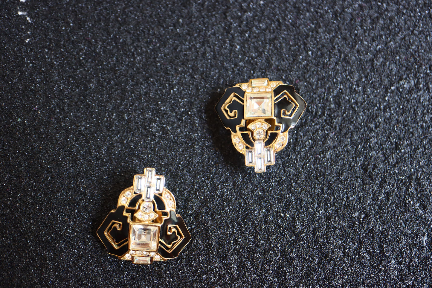 Vintage Givenchy Art Deco rhinestone black and gold clip on earrings