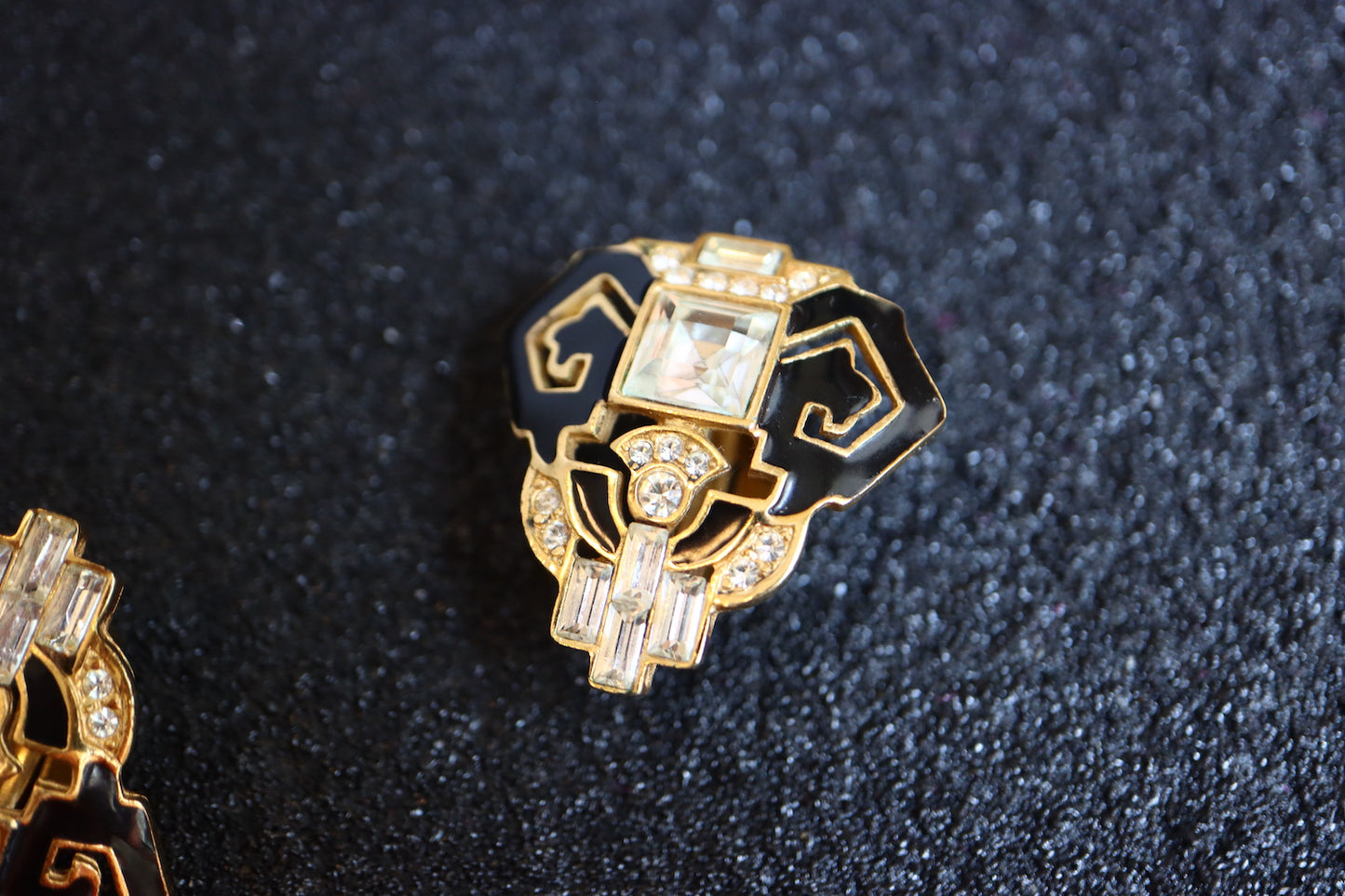 Vintage Givenchy Art Deco rhinestone black and gold clip on earrings