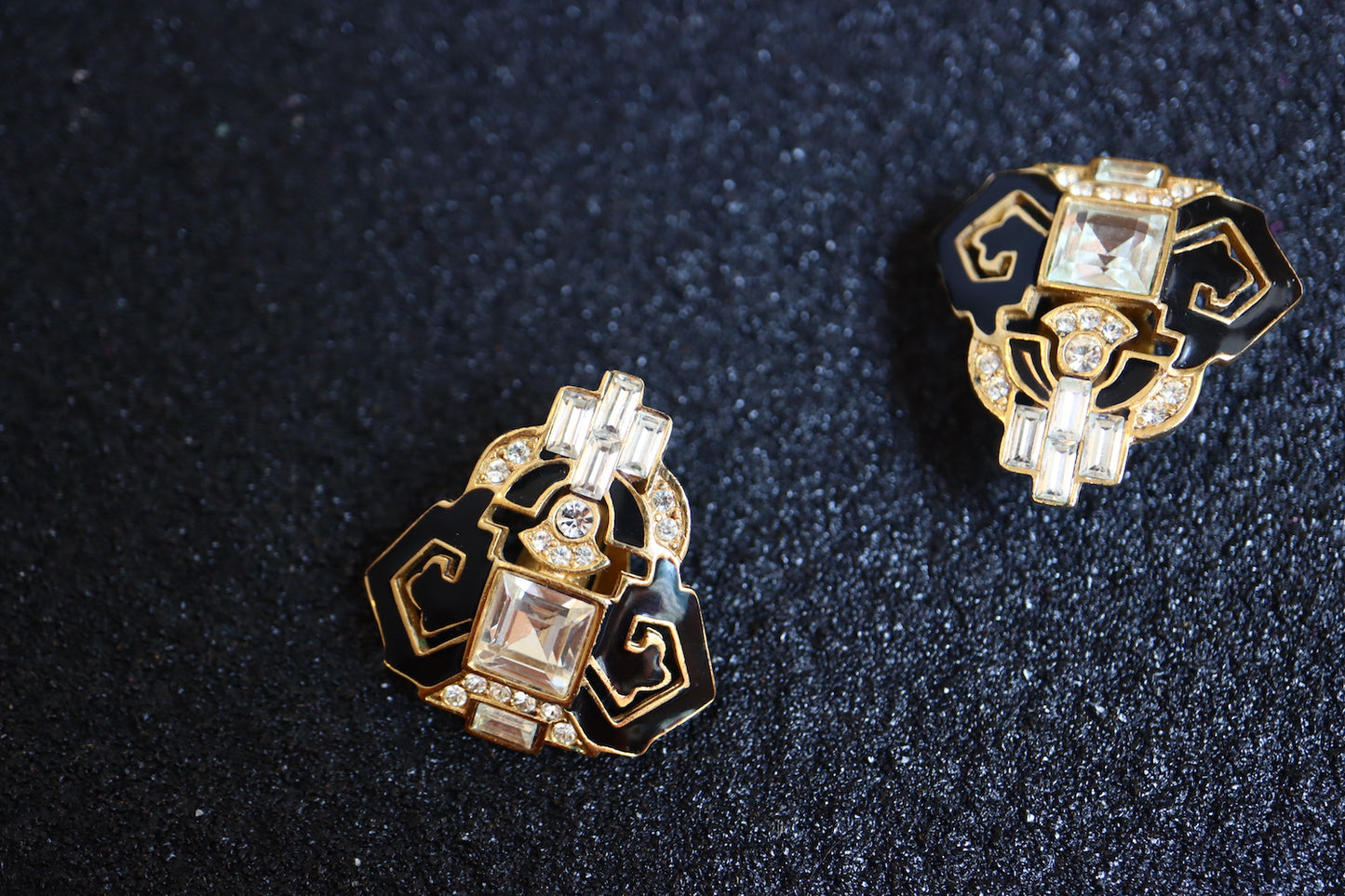 Vintage Givenchy Art Deco rhinestone black and gold clip on earrings