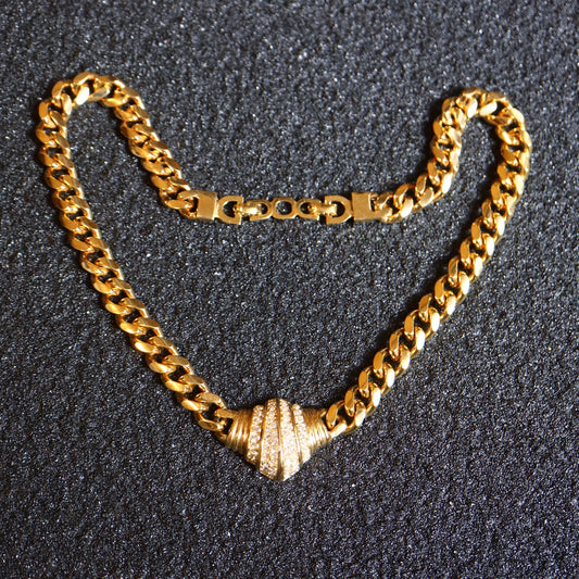VINTAGE CHRISTIAN DIOR Germany Gold-Tone Rhinestone Chunky Curb Chain Necklace
