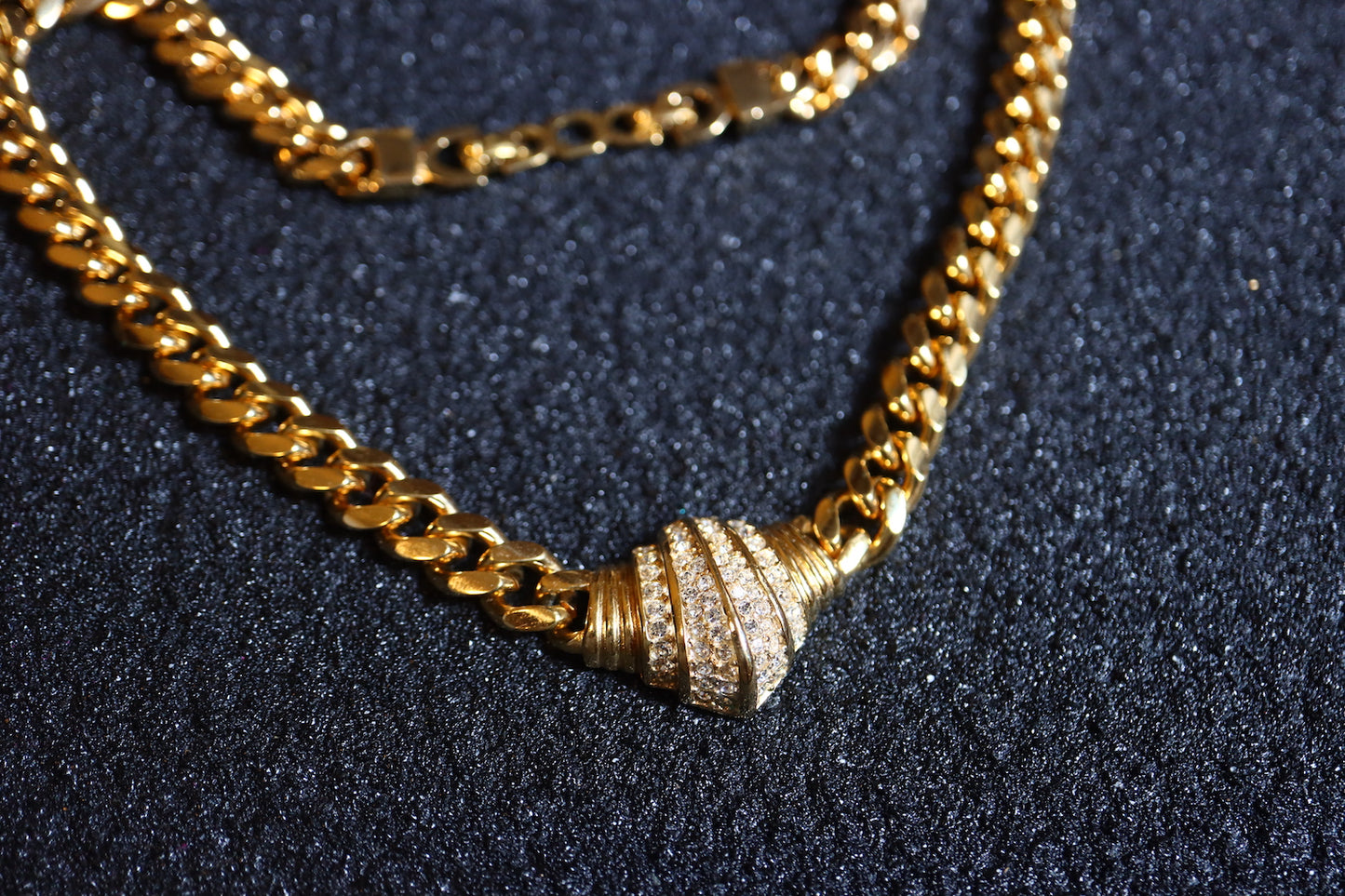 VINTAGE CHRISTIAN DIOR Germany Gold-Tone Rhinestone Chunky Curb Chain Necklace