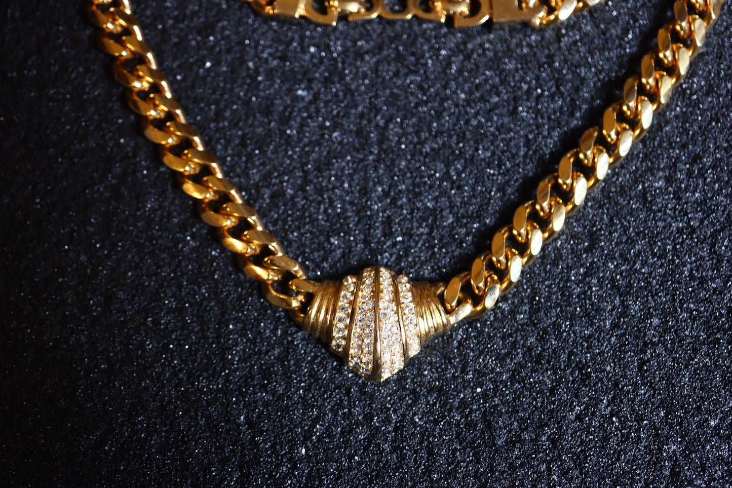 VINTAGE CHRISTIAN DIOR Germany Gold-Tone Rhinestone Chunky Curb Chain Necklace