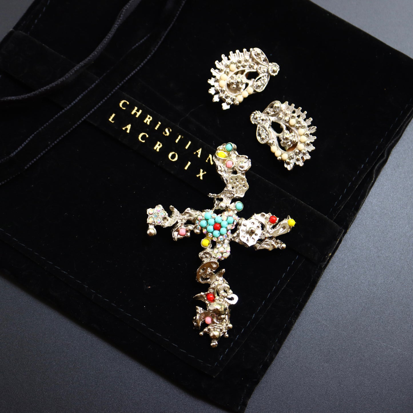 Vintage Christian Lacroix coulorful rhinestone Cross Earring and Brooch Pendant Set