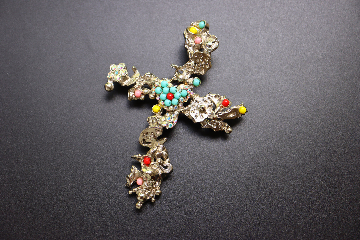 Vintage Christian Lacroix coulorful rhinestone Cross Earring and Brooch Pendant Set