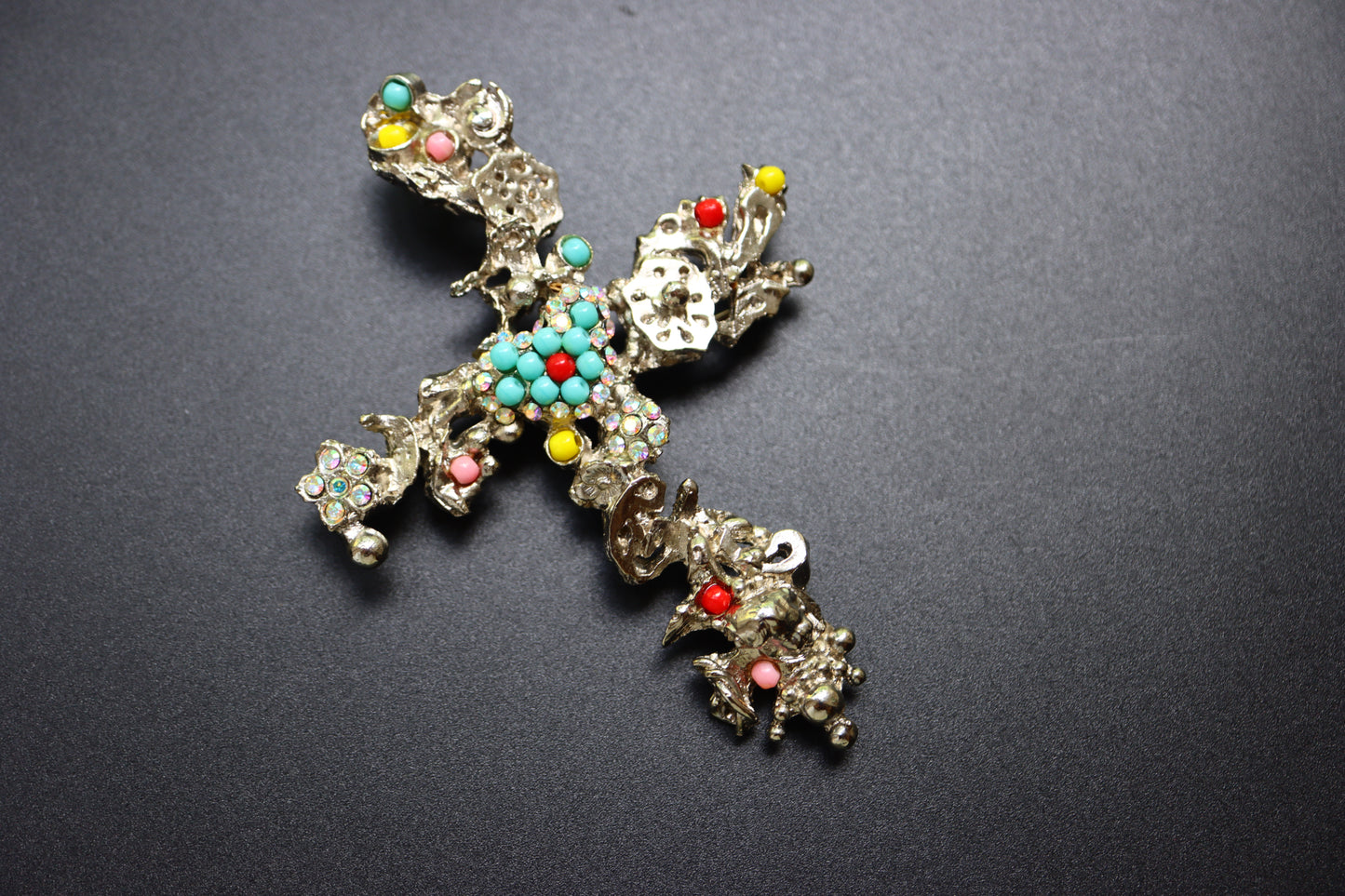 Vintage Christian Lacroix coulorful rhinestone Cross Earring and Brooch Pendant Set