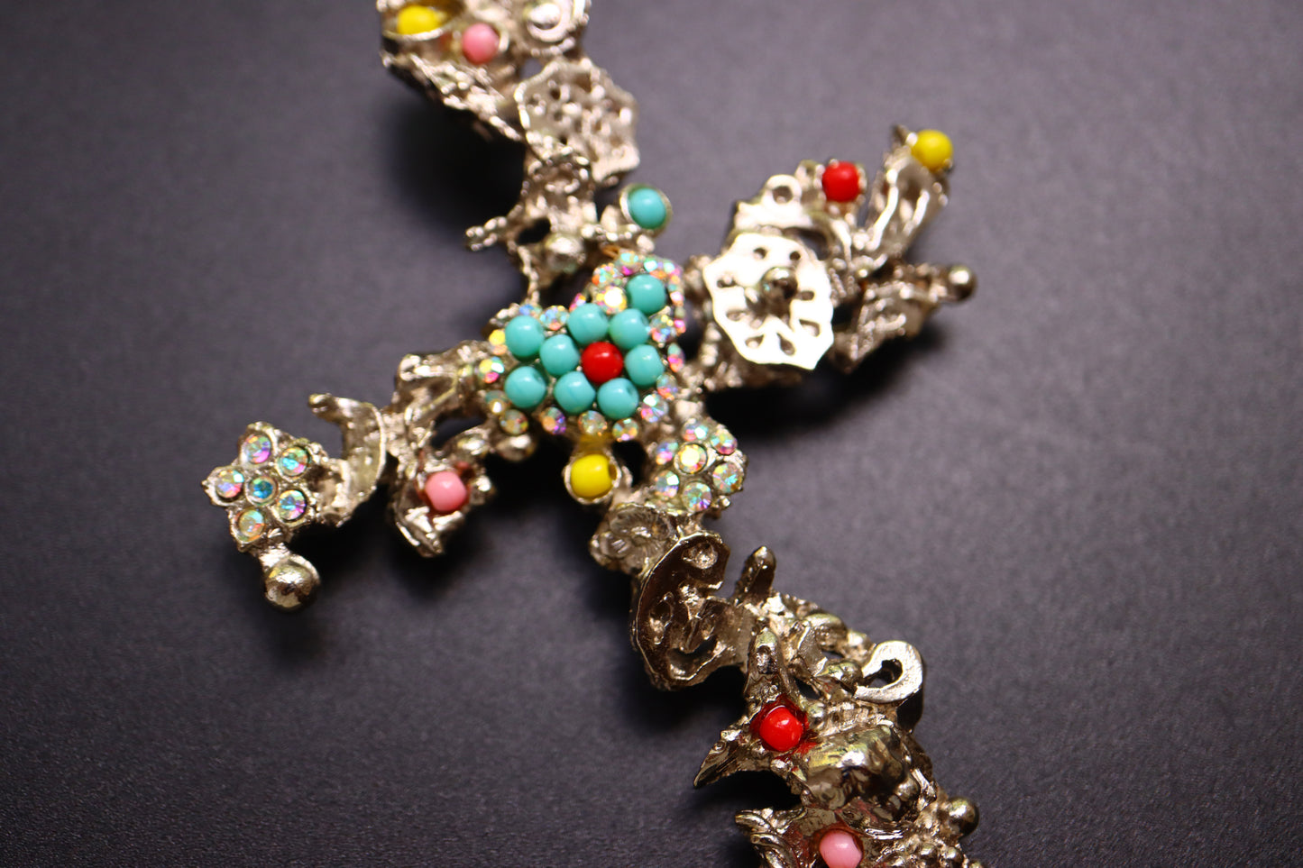 Vintage Christian Lacroix coulorful rhinestone Cross Earring and Brooch Pendant Set