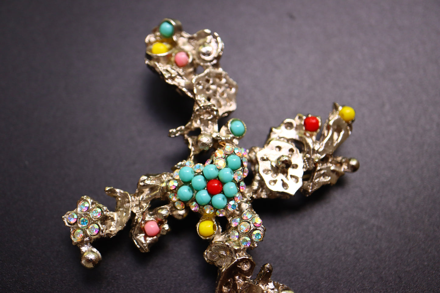 Vintage Christian Lacroix coulorful rhinestone Cross Earring and Brooch Pendant Set