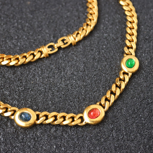 VINTAGE GROSSÉ Germany Gold-Tone Curb Chain & Multi-Color Glass Cabochon Necklace