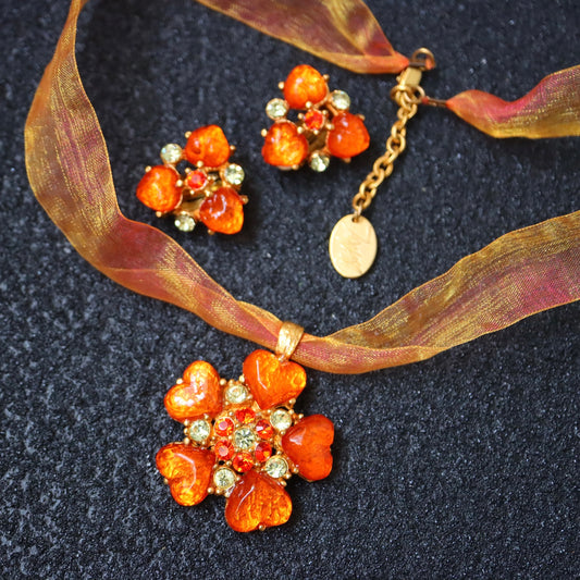 Vintage ISAKY golden orange heart cabochon necklace earrings set