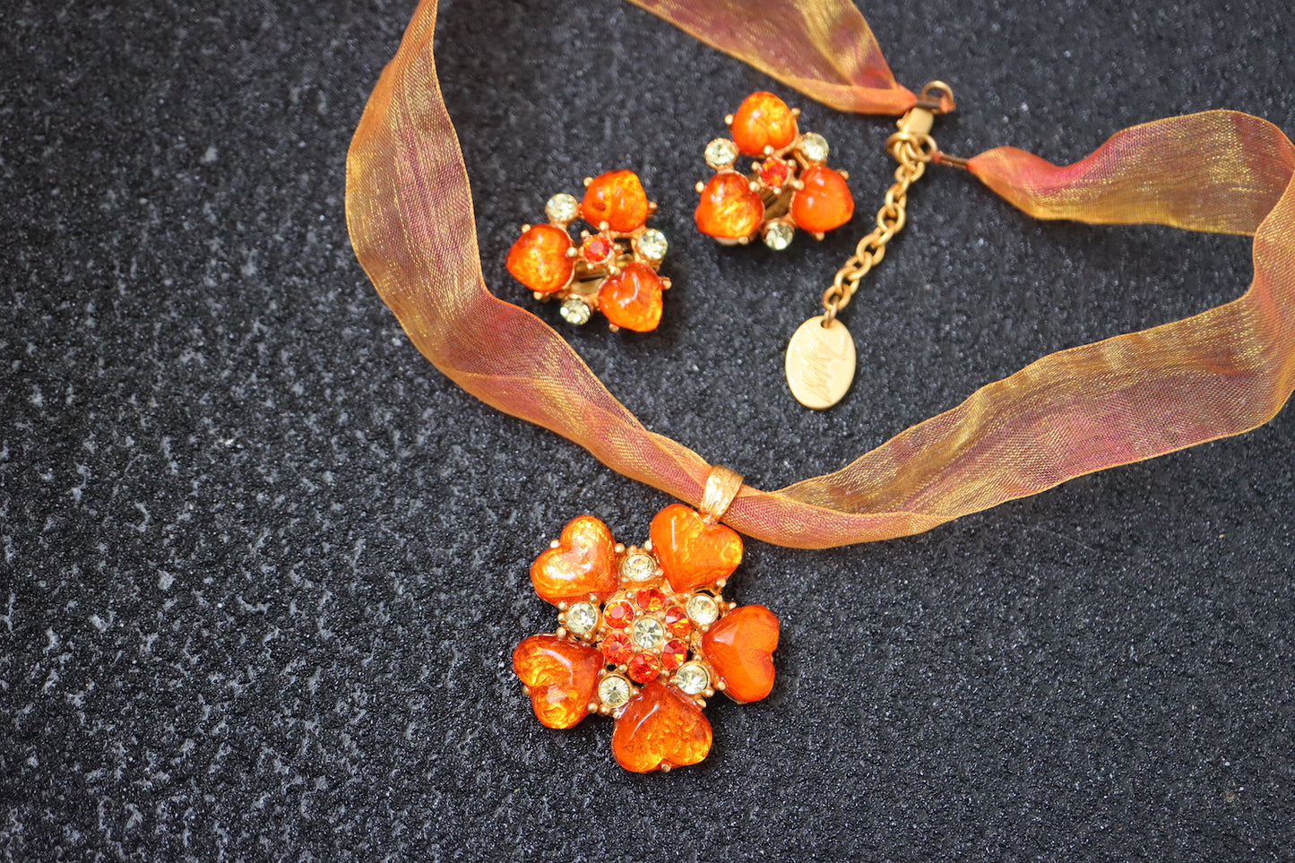 Vintage ISAKY golden orange heart cabochon necklace earrings set