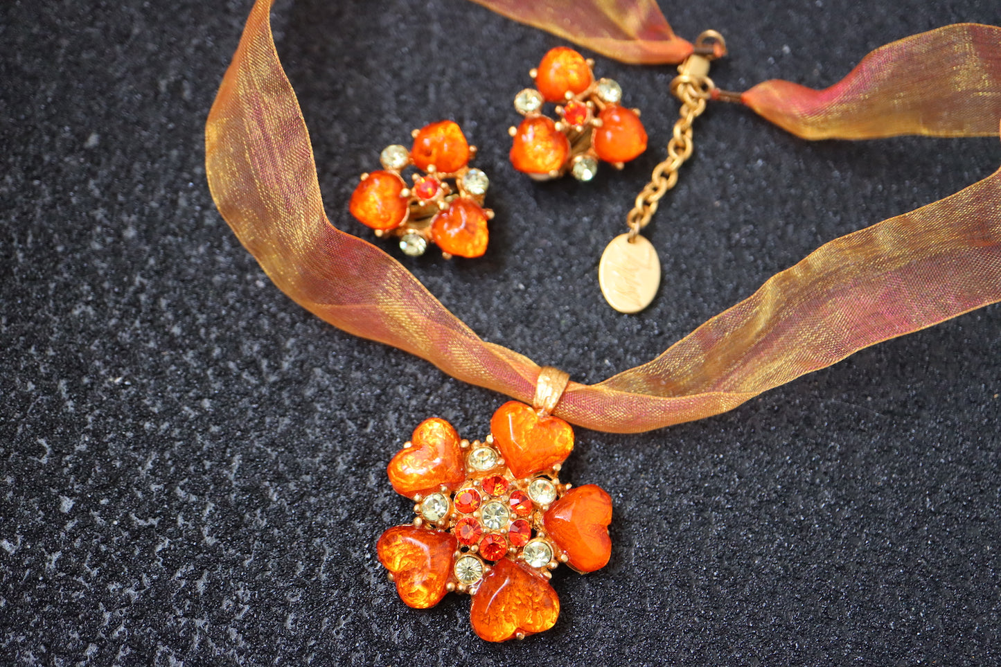 Vintage ISAKY golden orange heart cabochon necklace earrings set