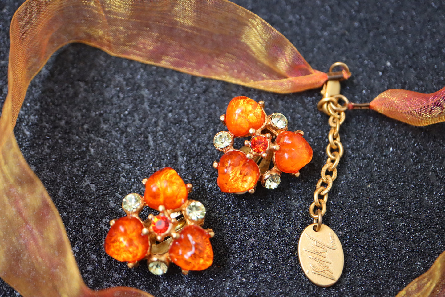 Vintage ISAKY golden orange heart cabochon necklace earrings set