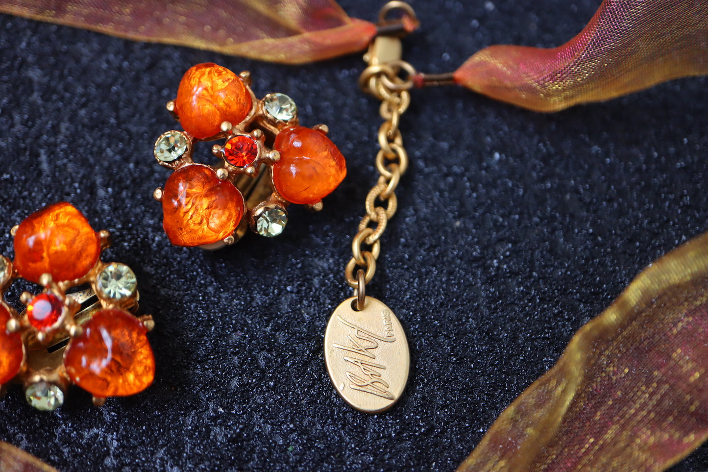 Vintage ISAKY golden orange heart cabochon necklace earrings set
