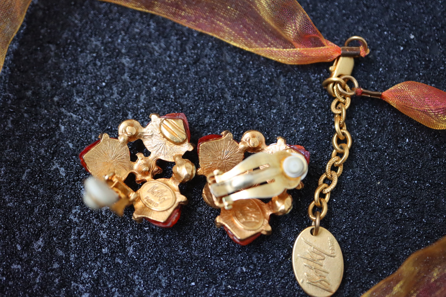 Vintage ISAKY golden orange heart cabochon necklace earrings set