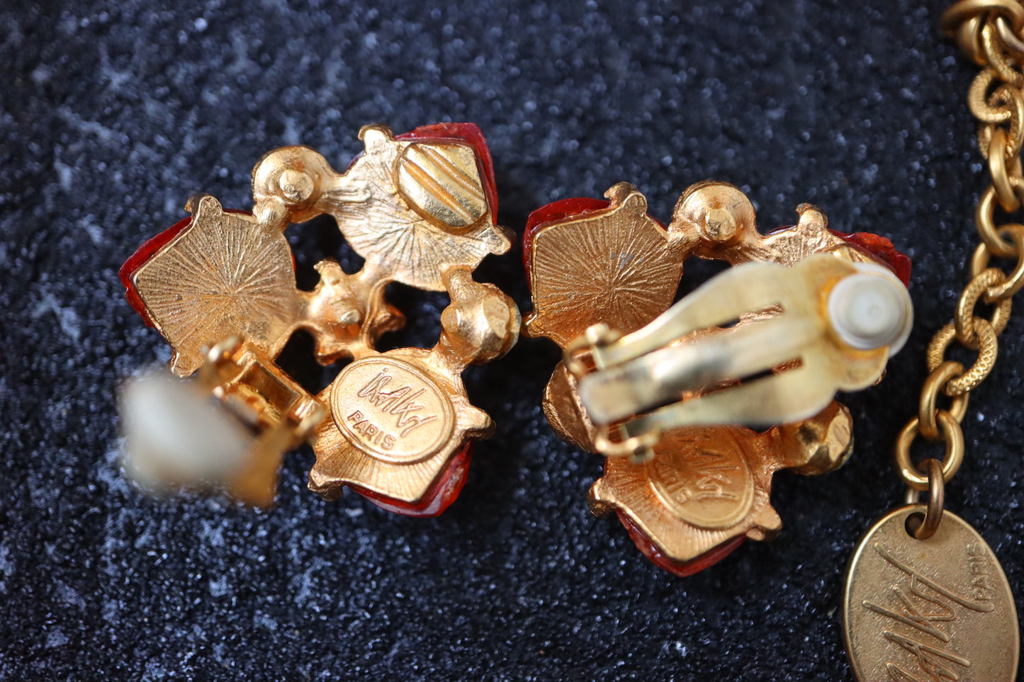 Vintage ISAKY golden orange heart cabochon necklace earrings set