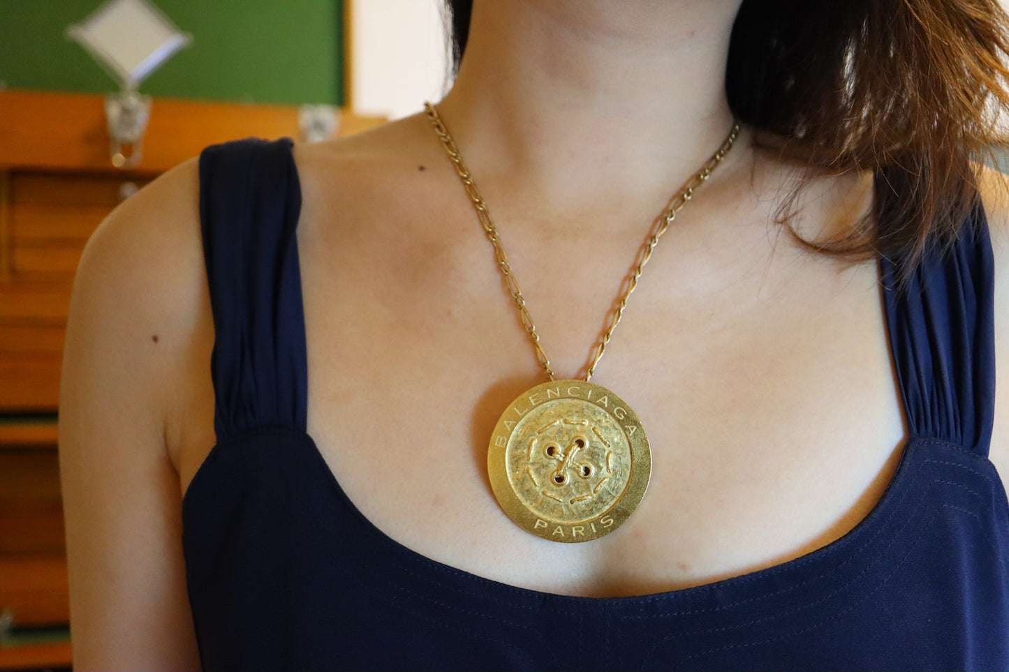 Vintage Balenciaga gold-tone oversized button brooch pendant