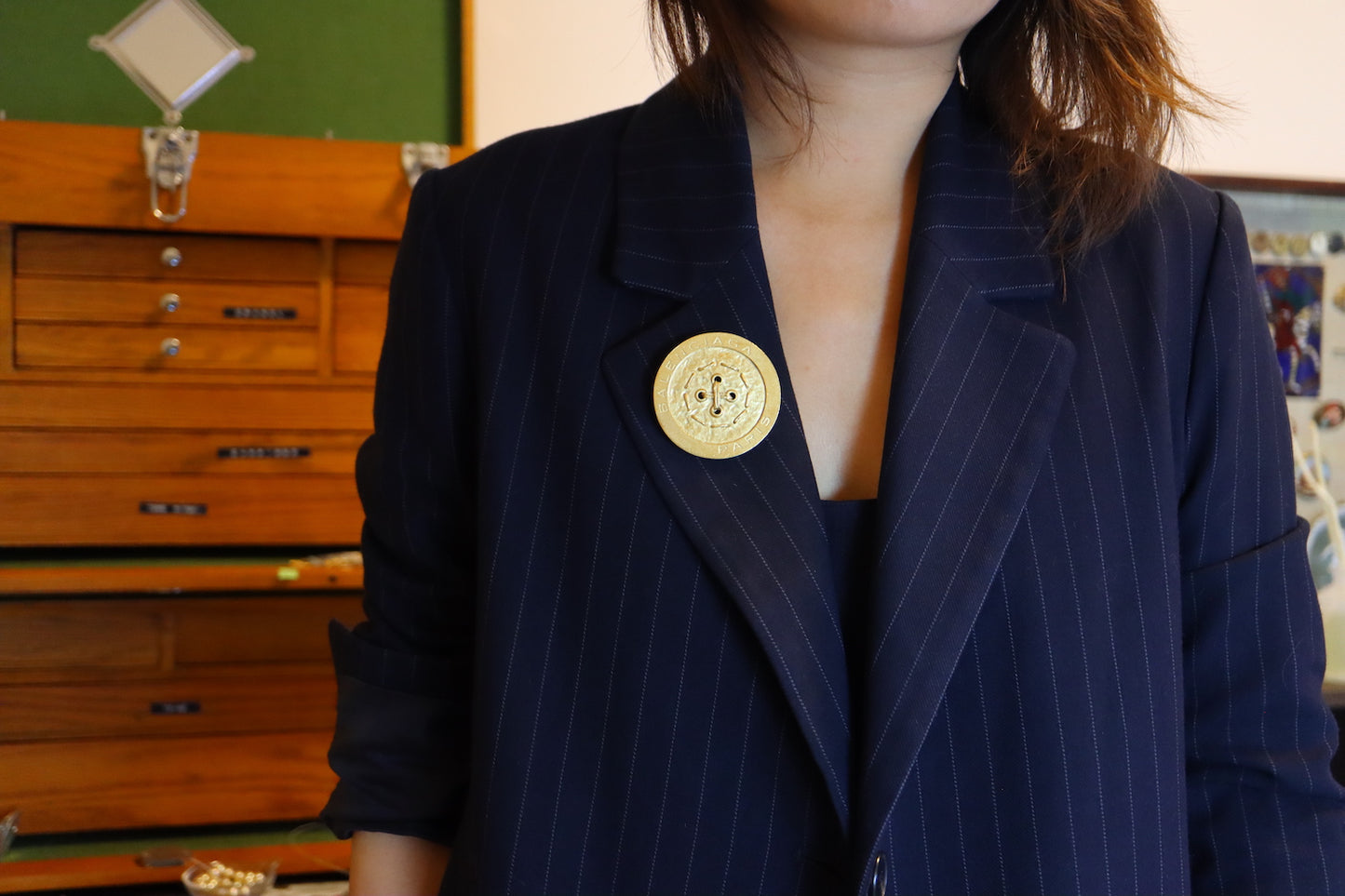 Vintage Balenciaga gold-tone oversized button brooch pendant