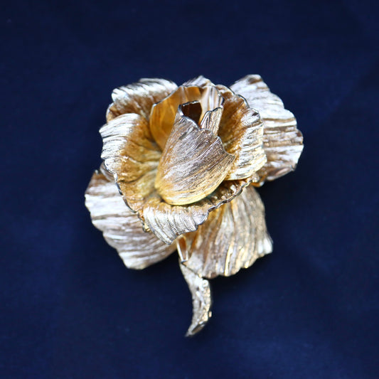 Vintage Christian Dior Germany Textured Gold-Tone Sculptural Rose Brooch