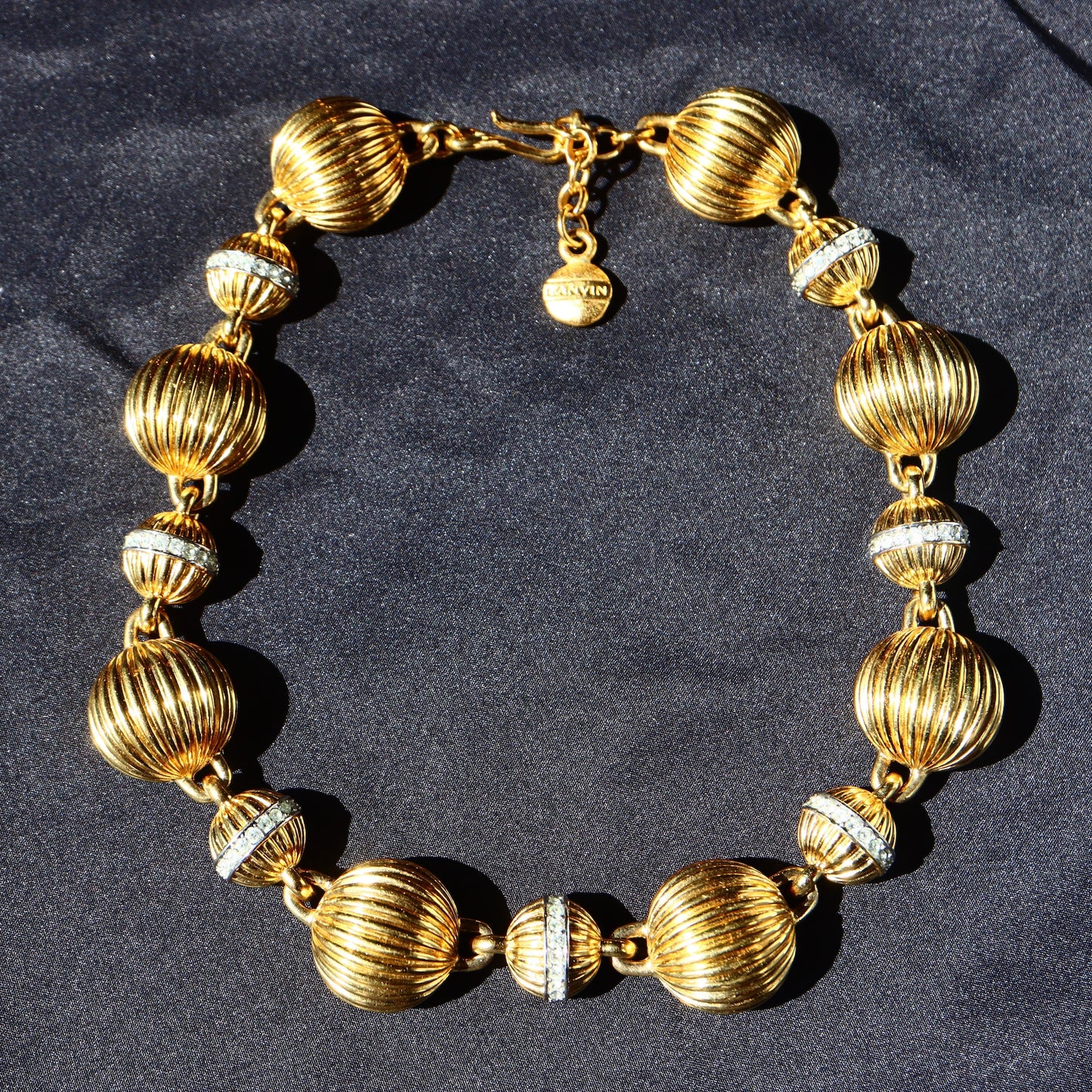 VINTAGE LANVIN Germany Gold-Tone Fluted Bead & Rhinestone Rondelle Collar Necklace
