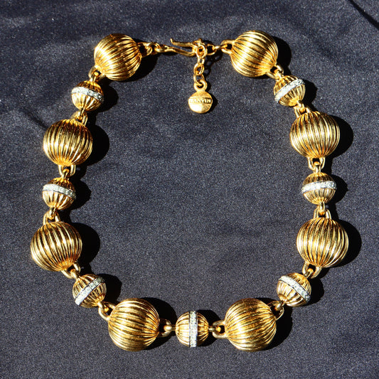 VINTAGE LANVIN Germany Gold-Tone Fluted Bead & Rhinestone Rondelle Collar Necklace