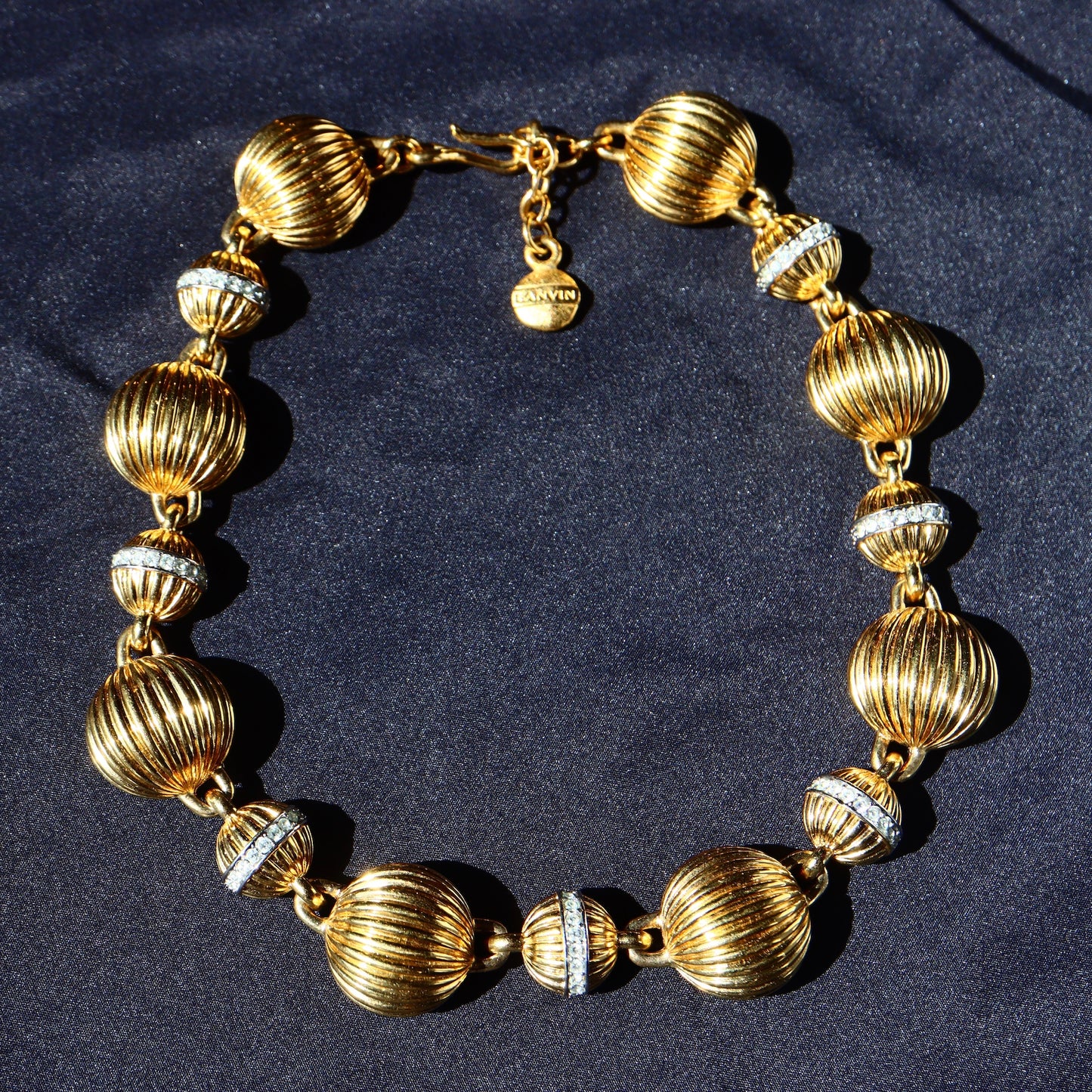 VINTAGE LANVIN Germany Gold-Tone Fluted Bead & Rhinestone Rondelle Collar Necklace