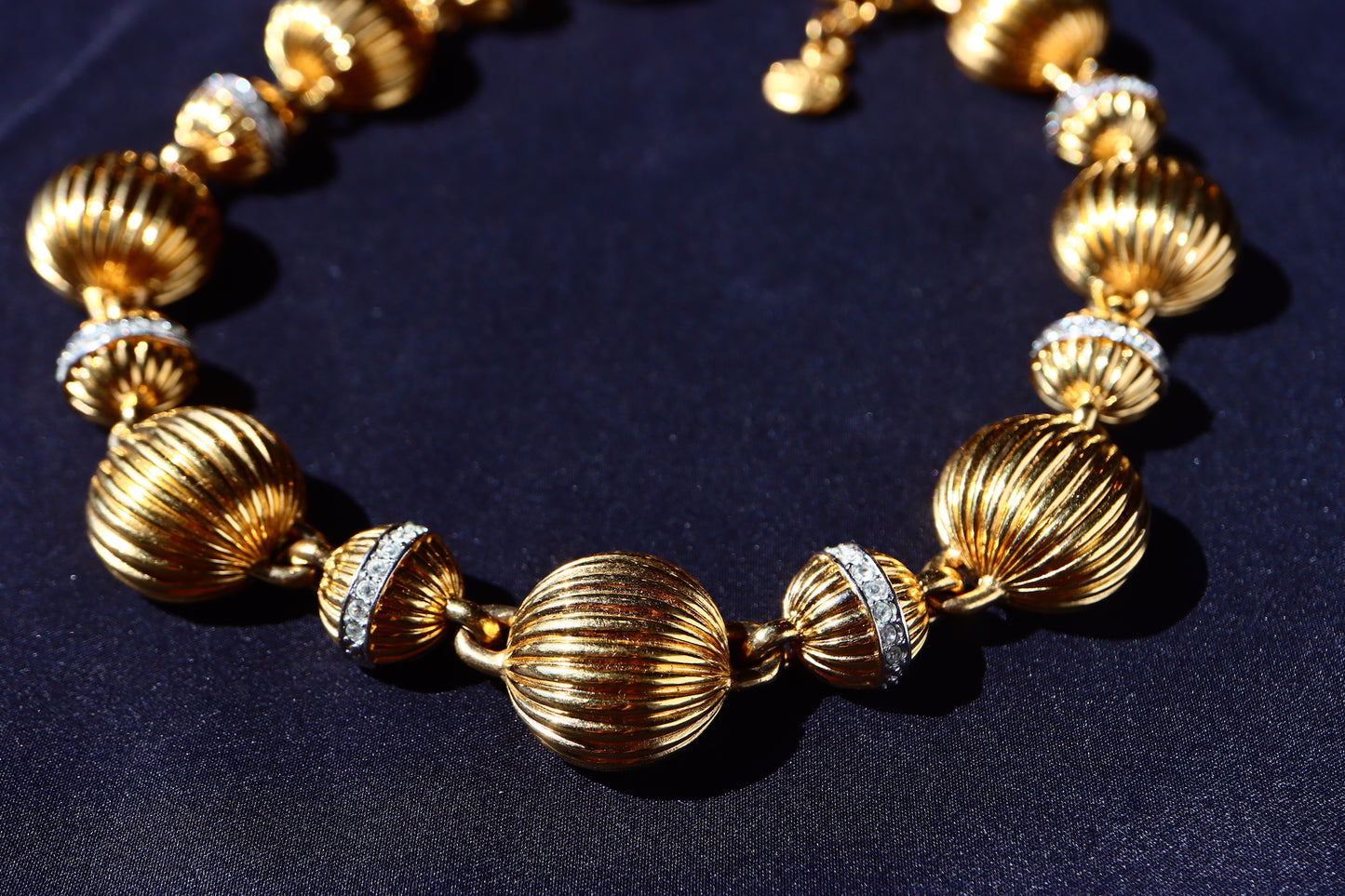 VINTAGE LANVIN Germany Gold-Tone Fluted Bead & Rhinestone Rondelle Collar Necklace