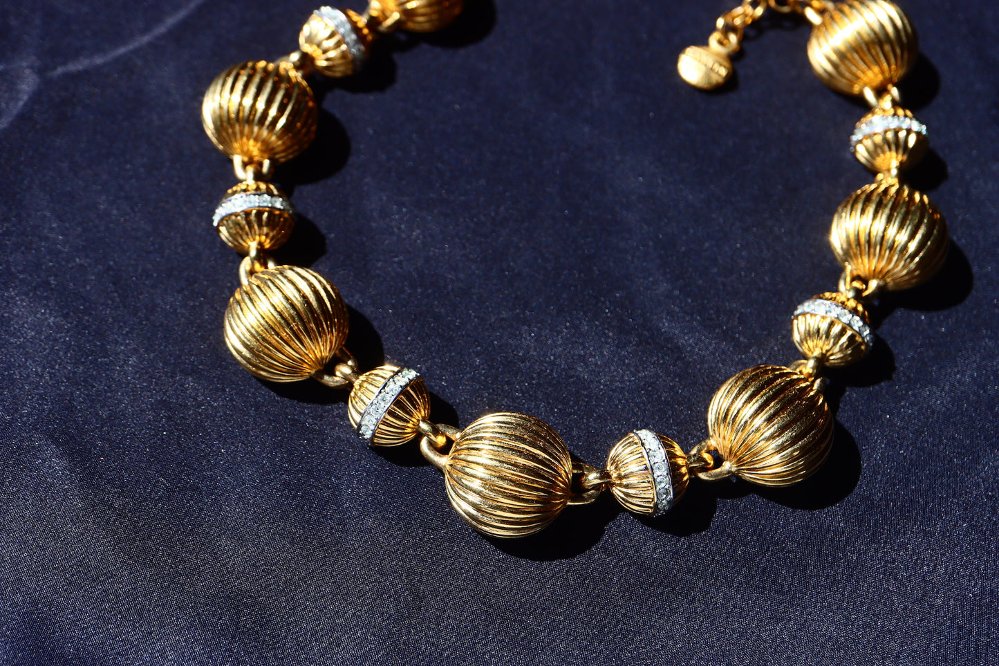 VINTAGE LANVIN Germany Gold-Tone Fluted Bead & Rhinestone Rondelle Collar Necklace
