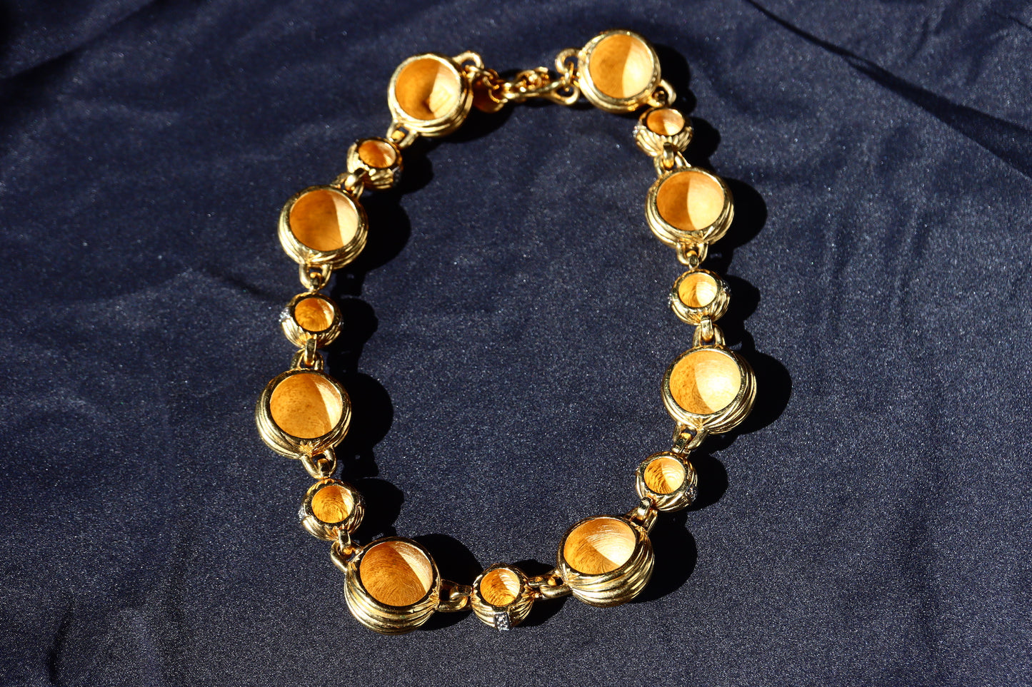VINTAGE LANVIN Germany Gold-Tone Fluted Bead & Rhinestone Rondelle Collar Necklace