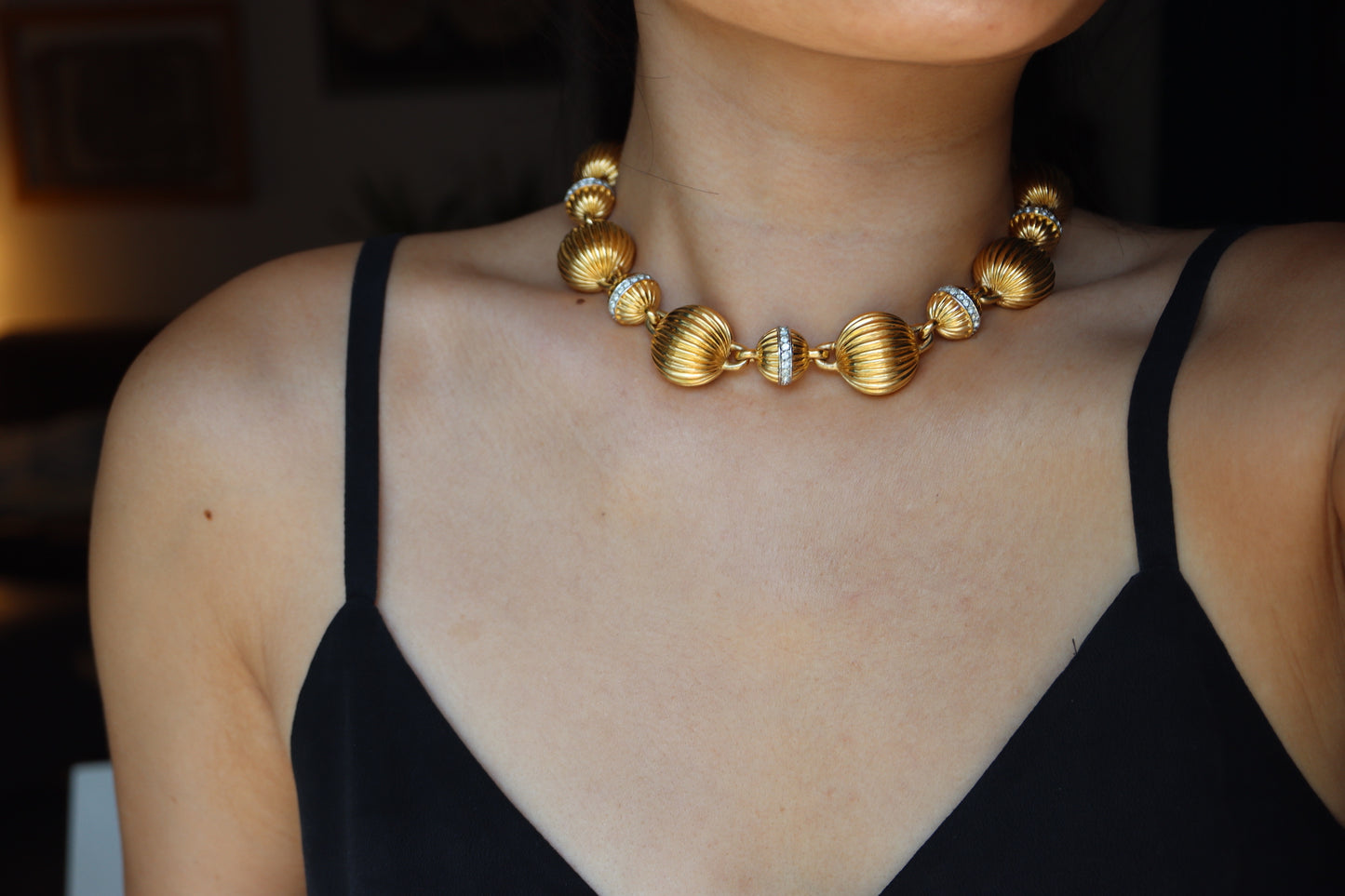VINTAGE LANVIN Germany Gold-Tone Fluted Bead & Rhinestone Rondelle Collar Necklace