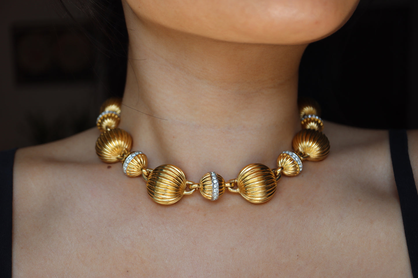 VINTAGE LANVIN Germany Gold-Tone Fluted Bead & Rhinestone Rondelle Collar Necklace